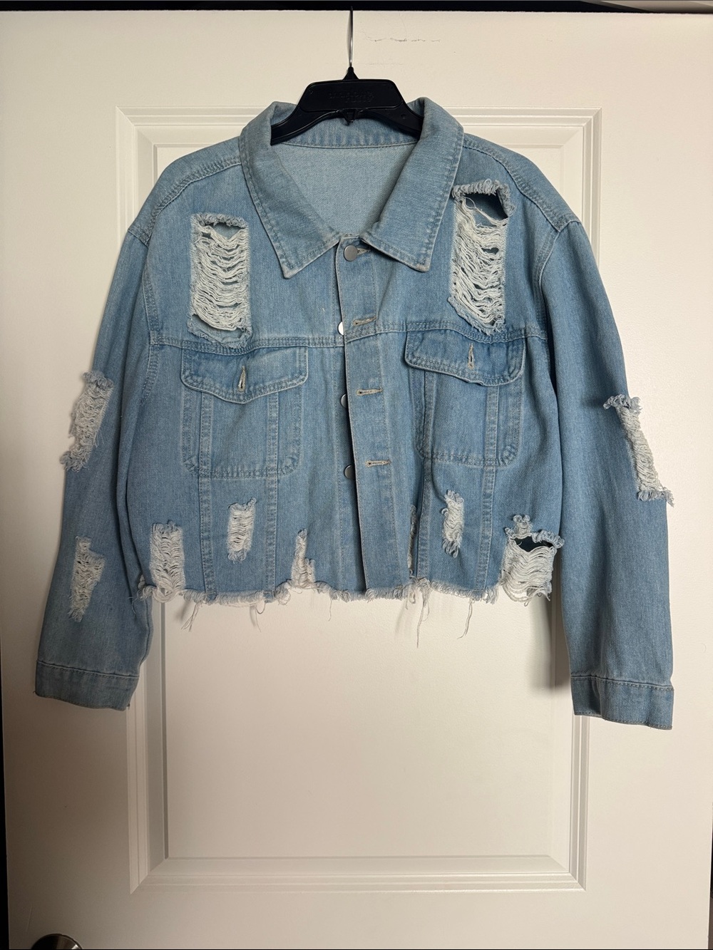 SHEIN Light Blue Distressed Cropped Denim Jacket